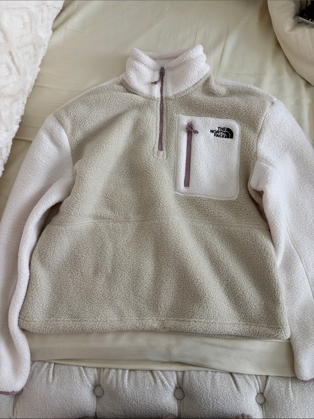 The North Face Kids Cream Sherpa 1/4-Zip Pullover with Pink Zip
